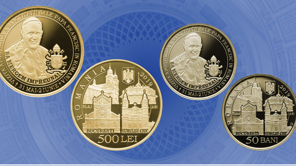 BNR dedica o moneda care costa peste 10.000 de lei noi Vizitei Apostolice a Sanctitatii Sale Papa Francisc in Romania