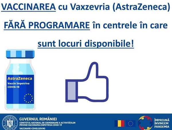 Vaccinare fara programare cu Vaxzevria, vaccinul produs de AstraZeneca